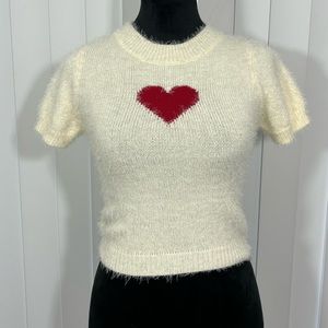 SUGAR THRILLZ Love Letters Short Sleeve Fuzzy Heart Sweater Scoop Neck Ivory S